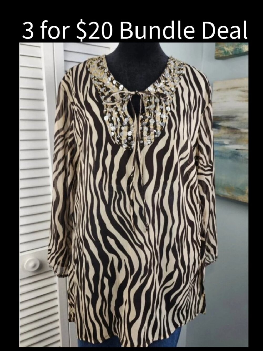 Mix Nouveau Zebra Tunic — Sheer Boho Animal Print Sequin Neck Bell Sleeve L